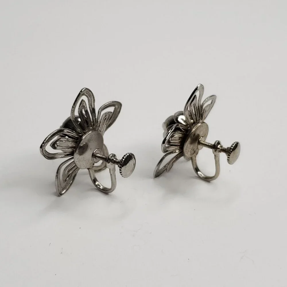 Vintage Floral Earrings Silver Tone 3D Layer Flower Screw Back 1 1/4